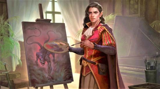 Magic The Gathering Mark Rosewater Artist - an elf painting on an easel in an ornate room.