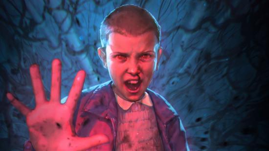 Magic: The Gathering Stranger Things Commander deck - Artwork of eleven using her powers, in red light.