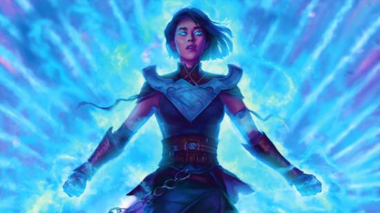 MTG counterspell card art showing a young woman with short black hair and a metal breastplate surrounded by neon blue light