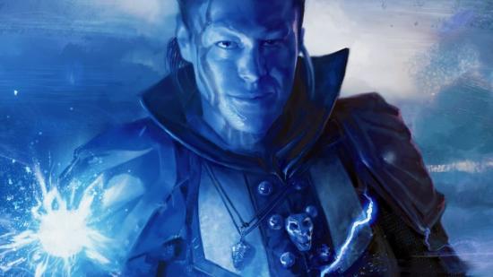MTG Flash - card art for Snapcaster Mage showing a man smiling menacingly while bathed in the glow of a blue ball of electric magic