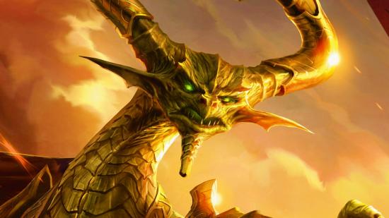 MTG Nicol Bolas, a golden dragon seen from the neck up, scowling downward while bathed in golden light