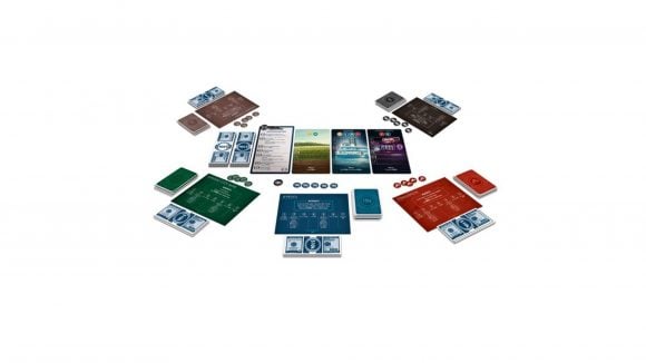 The cards and components for the Ozark board game laid out on a white background