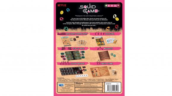 The back of the Squid Game board game box, showing the components for the mini-games found inside