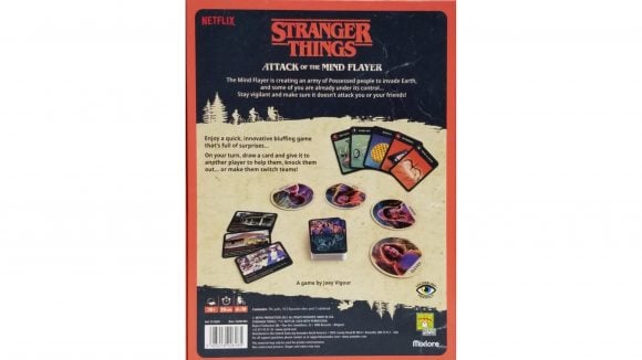 The back of the box of board game Stranger Things: Attack of the Mind Flayer, which shows the cards included in the game