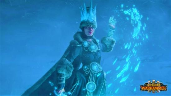 A woman in armour, a fur coat, and a crown of ice lifts a hand to cast a spell