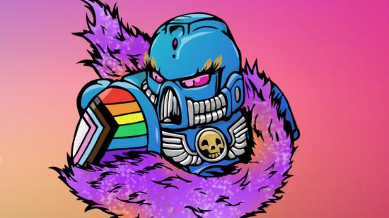 Warhammer 40k fabulous marines pride 2022 a logo featuring a space marine with eye makeup and a pink feather boa.