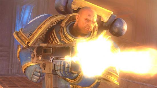 Warhammer 40k games xenos - a space marine firing a bolter gun