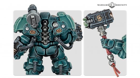 Warhammer 40k Leagues of Votann mech armour - Warhammer Community photo showing an Einhyr Hearthguard model, giving a close up of the back armour and power hammer