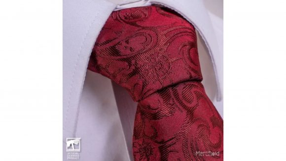 Warhammer 40k neckties merch - Merchoid sales photo showing a close up of the knotted chaos red tie on a white shirt