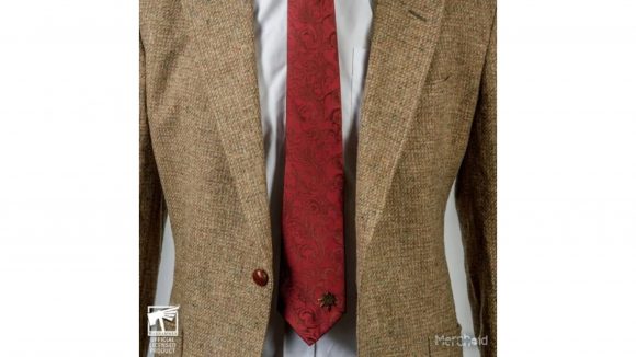 Warhammer 40k neckties merch - Merchoid sales photo showing the chaos red tie with a shirt and jacket