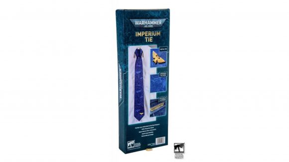 Warhammer 40k neckties merch - Merchoid sales photo showing the Imperium blue tie in packaging