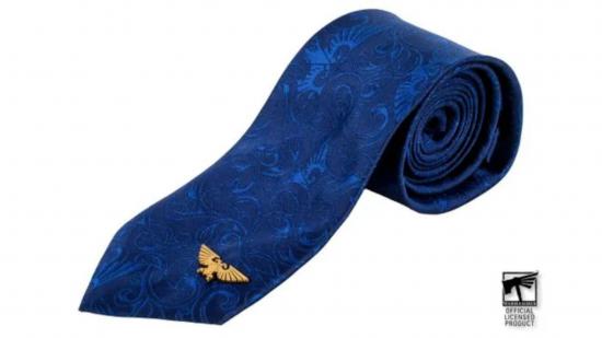 Warhammer 40k neckties merch - Merchoid sales photo showing the imperium blue tie partly rolled up