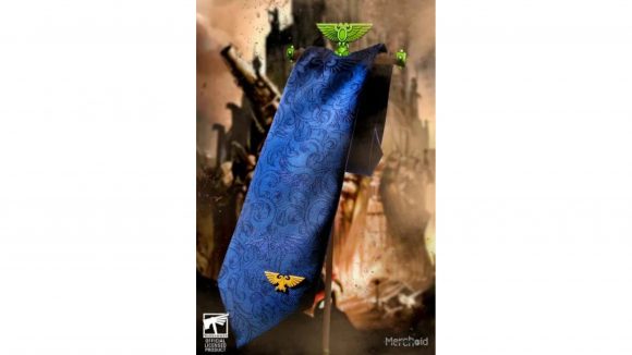 Warhammer 40k neckties merch - Merchoid sales photo showing the imperium blue tie with a battlefield background