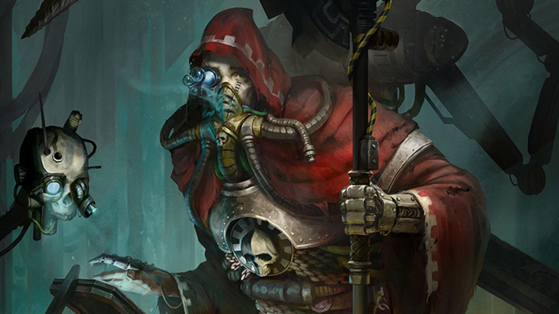 Warhammer 40k rogue trader - a young man dressed in the garb of the admech tech priests, with a floating servo skull beside him.