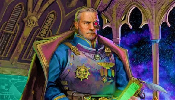 Warhammer 40k Rogue Trader release date art of Abelard Werserian, a white man with grey hair and a bionic eye