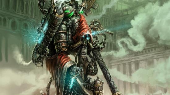 Warhammer 40k wiki: Artwork of a hunched, robed, techpriest, covered in tech.
