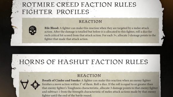 Warhammer Warcry second edition reaction rules describing the reaction abilities of the Rotmire Creed and Horns of Hashut factions