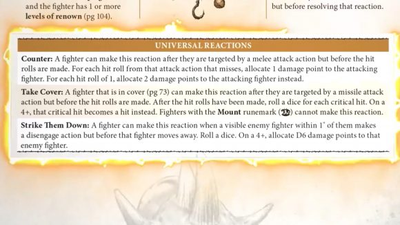 Warhammer Warcry second edition rules describing three universal reactions (counter, take cover, and strike them down)