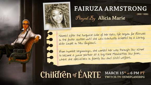 DnD Children of Earte Fairuza character art, player photo, and bio text
