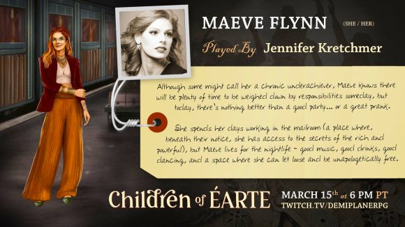 DnD Children of Earte Maeve character art, player photo, and bio text