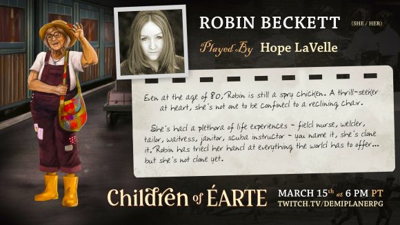 DnD Children of Earte Robin character art, player photo, and bio text