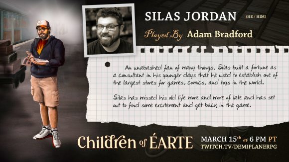 DnD Children of Earte Silas character art, player photo, and bio text