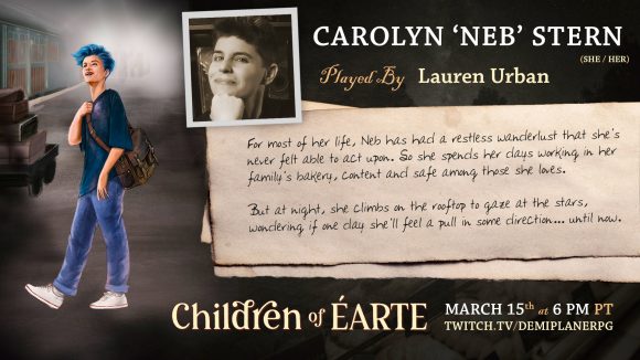 DnD Children of Earte Neb character art, player photo, and bio text