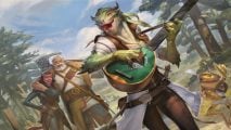 DnD Dragonborn 5e - Wizards of the Coast art of a smiling Dragonborn playing a lute