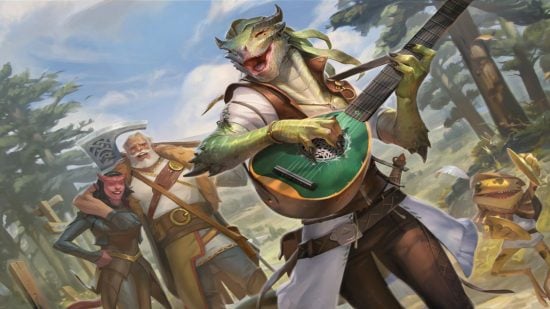 DnD Dragonborn 5e - Wizards of the Coast art of a smiling Dragonborn playing a lute