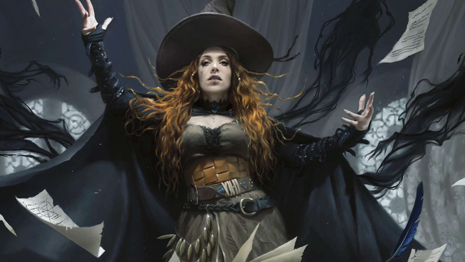DnD eldritch blast 5e - a witch opening a spellbook with magic.