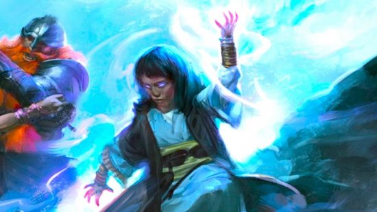 DnD Lightning Bolt 5e - Wizards of the Coast art of a spellcaster raising a hand to cast glowing white magic