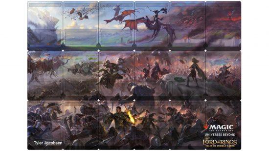 All DnD and MTG news from Wizards Presents 2022 - WotC image showing the Pelennor Fields Minas Tirith card collage in the MTG Lord of the Rings set