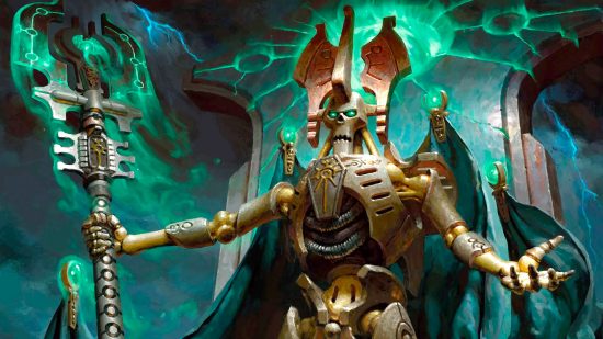 All DnD and MTG news from Wizards Presents 2022 - WotC artwork showing the Necrons Silent King card in the upcoming MTG Warhammer 40k set
