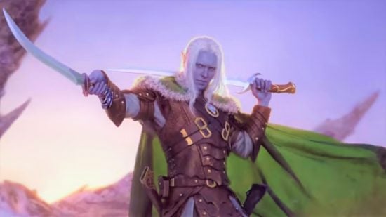One D&D - an image of the dark elf drizzt holding a sword.