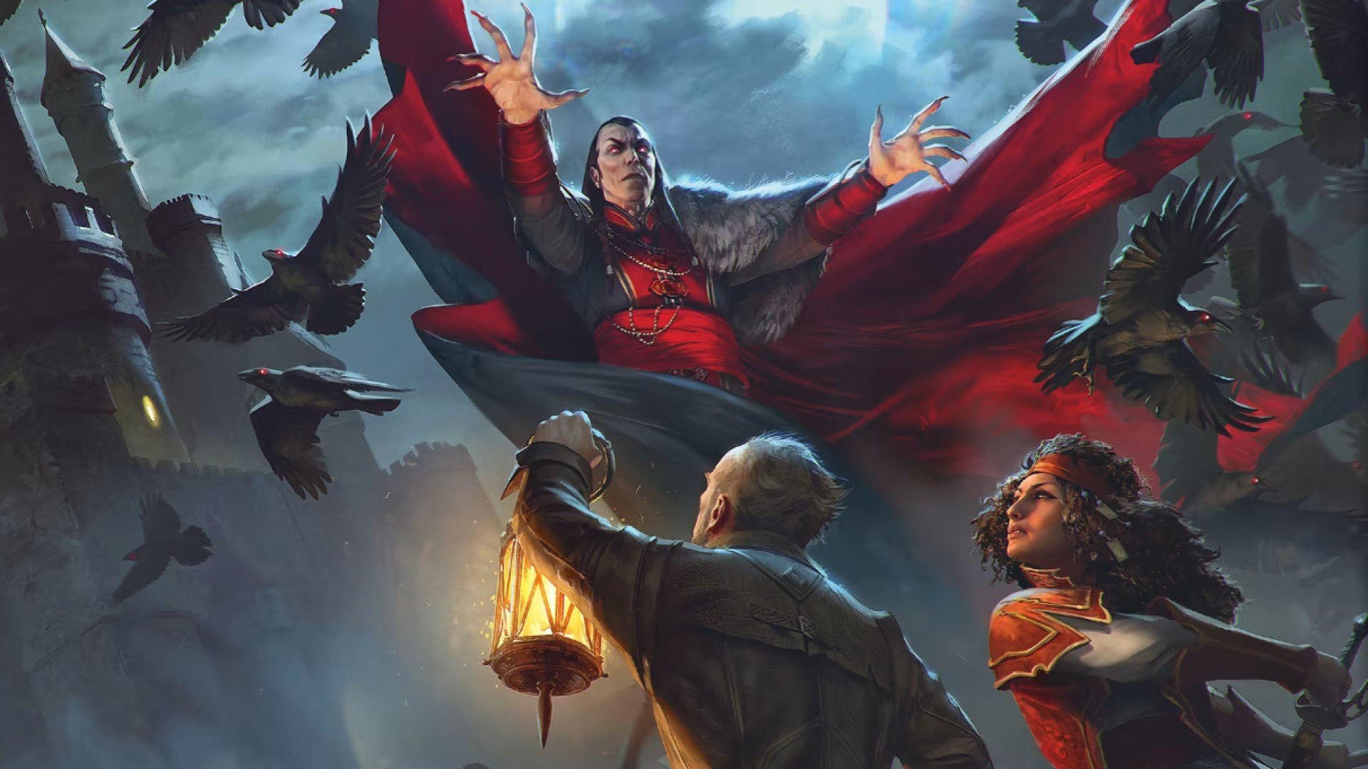 D&D vampire 5e - a vampire looking imposing, appearing before a group of heroes in a swirling cloud of ravens.