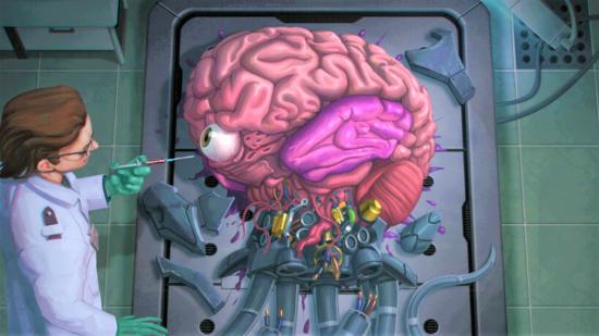 Games like XCOM - An alien brain creature on an operating table, looking at a scientist nervously with one protruding eye.