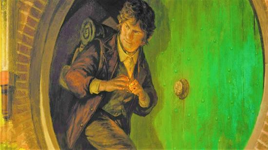 Lord of the Rings Roleplaying art, showing Bilbo Baggins slipping on the One Ring as he leaves his home