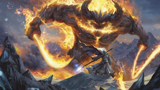 MTG 2023 release schedule - gandalf from lord of the rings standing before a balrog on a mountain.