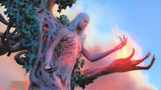 magic the gathering 2023 - a person attached to a tree-person, both reaching out their hands and holding magical fire.