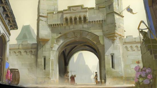 MTG commander legends - a city gate in a grand stone fortress archway.