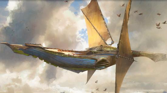 Magic the Gathering dominaria remastered - a flying ship, the weatherlight.