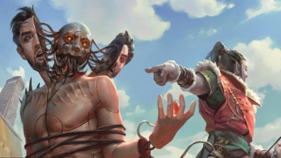 MTG Dominaria United - a soldier pointing at a person and looking away, the person's head is splitting down the middle and an evil robot is within.
