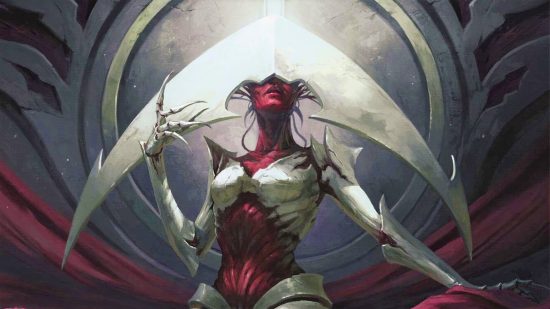 MTG release schedule 2023 - an image of the Phyrexian Praetor Elesh Norn.