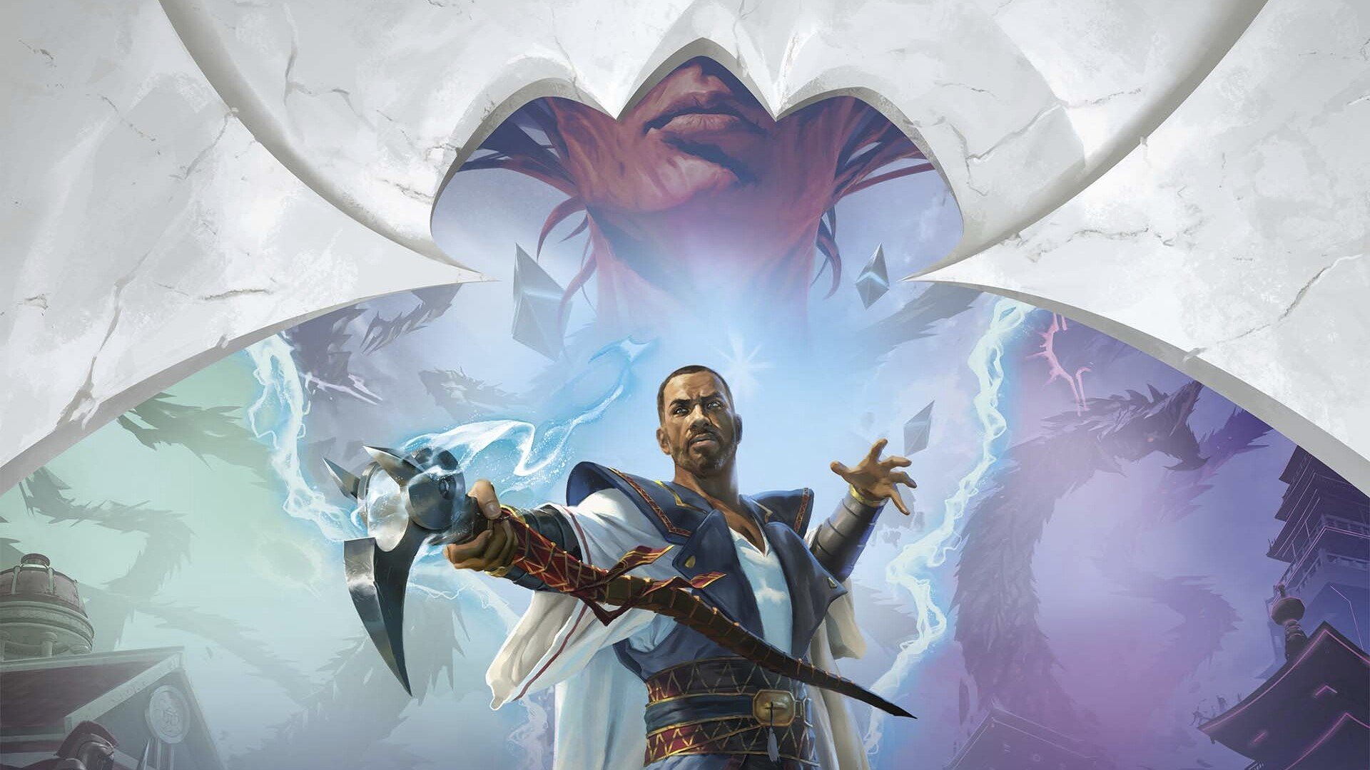 MTG release schedule 2023 - Wizards of the Coast art of the planeswalker teferi beneath a giant image of the head of Elesh Norn. Surrounding the planeswalker are images of phyrexian tendrils bursting from the ground in Theros and Kamigawa.