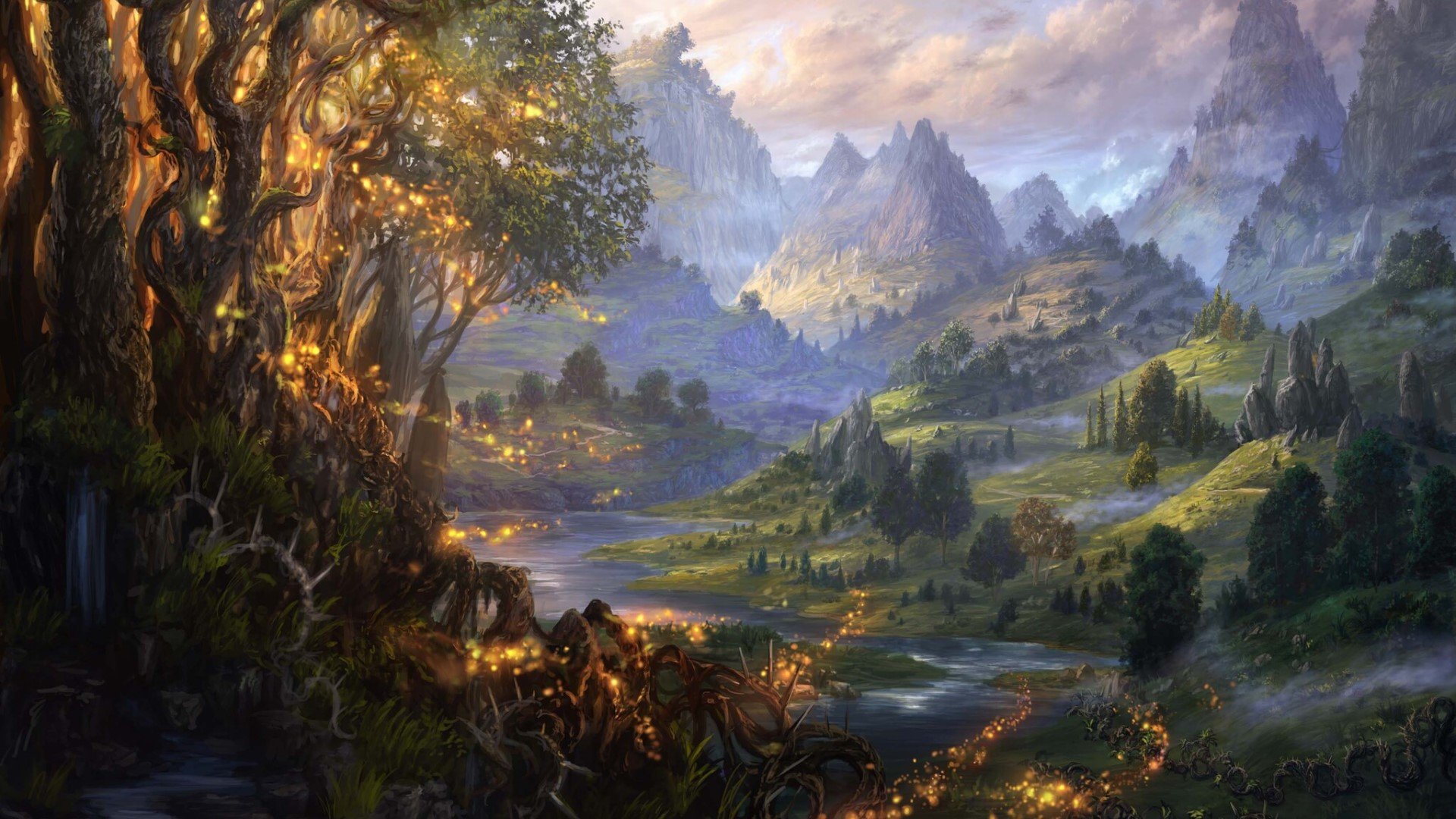 MTG release schedule 2023 - Wizards of the Coast art of an idyllic fairytale landscape - with thorns growing magically, glowing gold, encroaching from the forest.