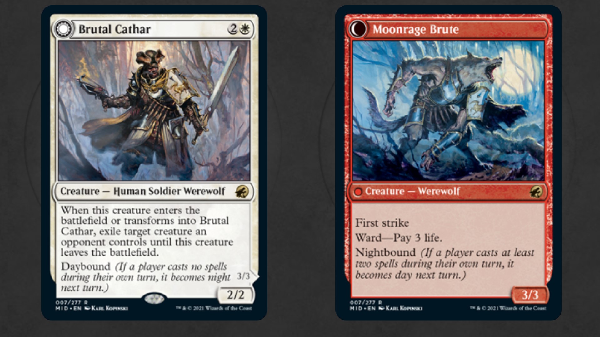 magic the gathering - the MTG card Brutal Cathar and its flipside Moonrage Brute.