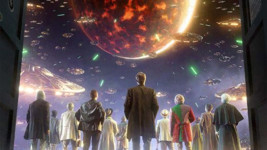 MTG Doctor Who announced - Wizards of the Coast art of all Doctor generations watching a space battle