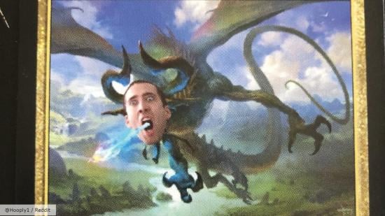 MTG Nicolas Cage deck card, Nicol Bolas, the Ravager, with Cage's face photoshopped onto art of a dragon