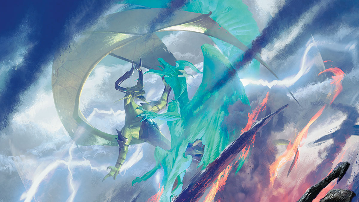 MTG Ugin the Spirit Dragon fights Nicol Bolas (art by Wizards of the Coast)