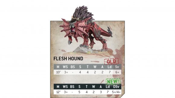 Warhammer 40k codex updates Khorne day - illustration of a Flesh hound and a comparison of its old and new stats
